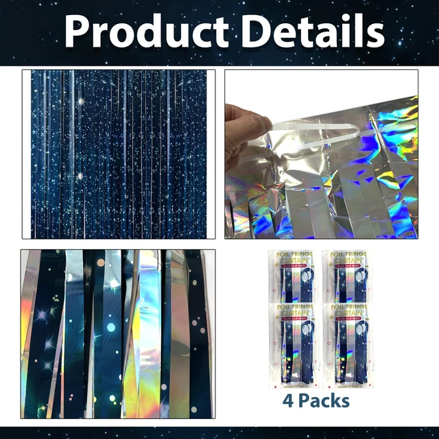 Alt view image 3 of 7 - Galaxy Foil Curtain Backdrop(4 Packs),3.3x6.6Ft Starry Night Backdrops Space Themed Party Decorations Tinsel Foil Fringe Curtains Photo Booth Props Twinkle Star Birthday Party Decoration