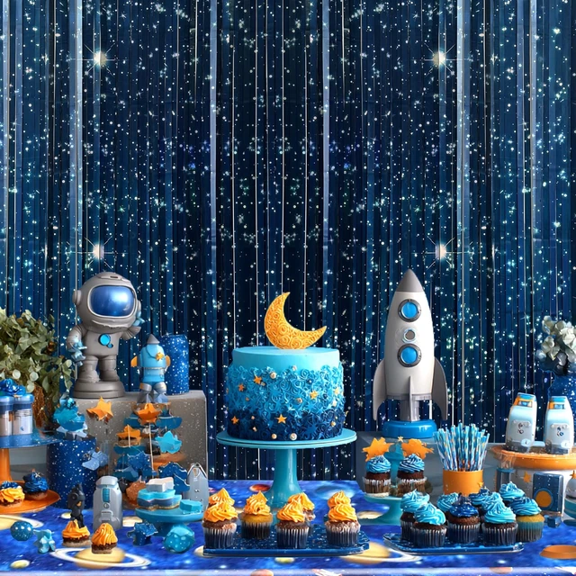 Alt view image 4 of 7 - Galaxy Foil Curtain Backdrop(4 Packs),3.3x6.6Ft Starry Night Backdrops Space Themed Party Decorations Tinsel Foil Fringe Curtains Photo Booth Props Twinkle Star Birthday Party Decoration