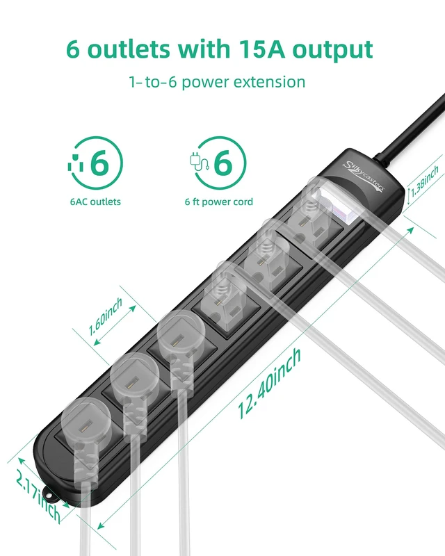 Alt view image 2 of 7 - Outdoor Power Strip Weatherproof, Waterproof Surge Protector 6 Outlets, 6 FT Extension Cord, 1875W Overload Protection, Shockproof Outlet, Wall Mountable for Home, Kitchen, Bathroom, Garden, Patio
