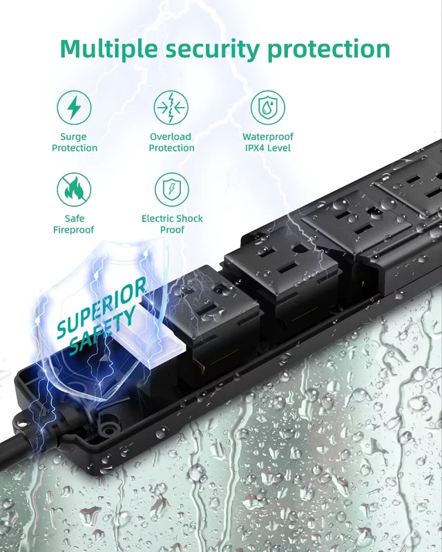 Alt view image 4 of 7 - Outdoor Power Strip Weatherproof, Waterproof Surge Protector 6 Outlets, 6 FT Extension Cord, 1875W Overload Protection, Shockproof Outlet, Wall Mountable for Home, Kitchen, Bathroom, Garden, Patio
