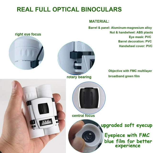 Alt view image 2 of 6 - 8x21 Compact Binoculars for Adults Teens, Mini Small Full Optical Binoculars for Bird Watching Opera Hiking Hunting Travel Concert (White)