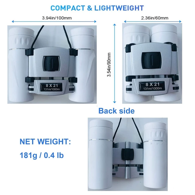 Alt view image 3 of 6 - 8x21 Compact Binoculars for Adults Teens, Mini Small Full Optical Binoculars for Bird Watching Opera Hiking Hunting Travel Concert (White)