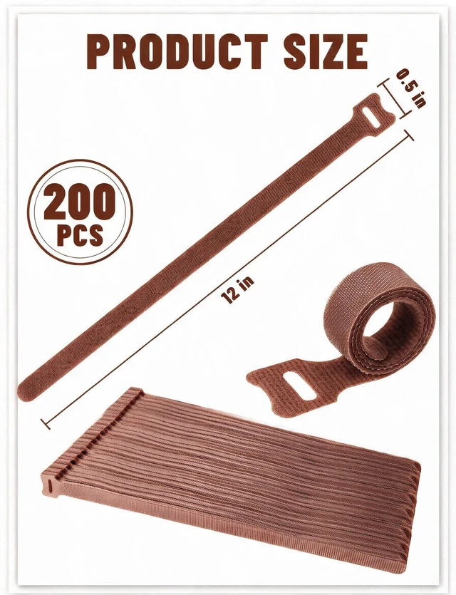 Alt view image 2 of 7 - 200Pcs Reusable Cable Ties 12 Inch, Adjustable Cord Organizer, Garland Ties Hook and Loop Wire Ties for Electronics, Home Office Desk and PC Cable Management - Durable Microfiber Cloth Straps(Brown)
