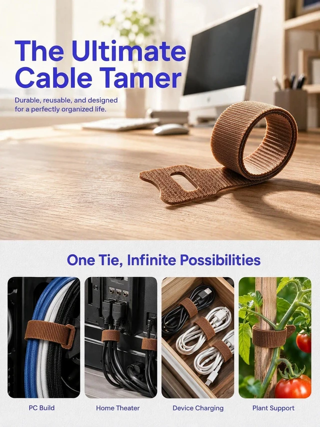 Alt view image 7 of 7 - 200Pcs Reusable Cable Ties 12 Inch, Adjustable Cord Organizer, Garland Ties Hook and Loop Wire Ties for Electronics, Home Office Desk and PC Cable Management - Durable Microfiber Cloth Straps(Brown)
