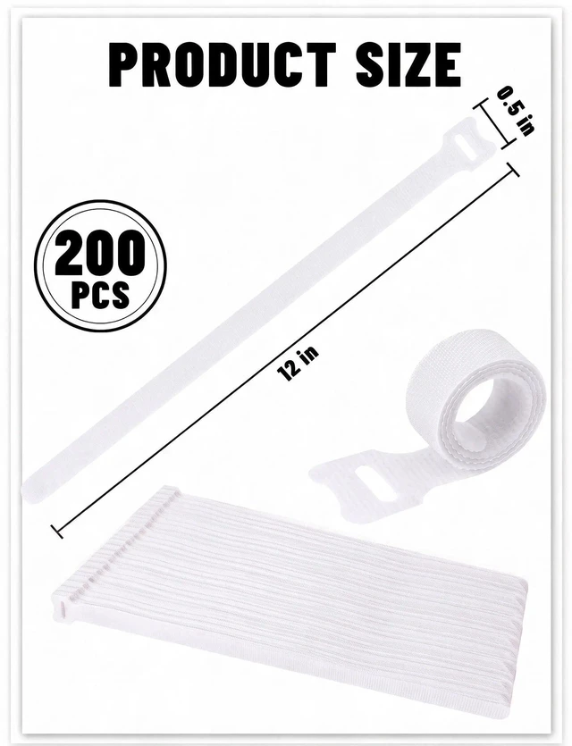 Alt view image 2 of 7 - 200Pcs Reusable Cable Ties 12 Inch, Adjustable Cord Organizer, Garland Ties Hook and Loop Wire Ties for Electronics, Home Office Desk and PC Cable Management - Durable Microfiber Cloth Straps(White)