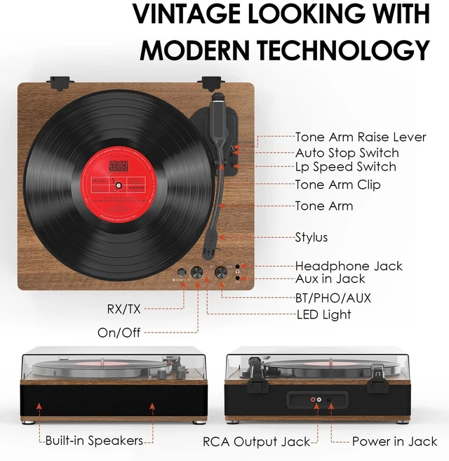 Alt view image 7 of 7 - 3-Speed Vinyl Record Player Sleek Bluetooth Turntable Full-Size Platter with Bluetooth Input/Output, Built-in Speakers, Counterweight & Auto-Stop with RCA/AUX Out, Tan