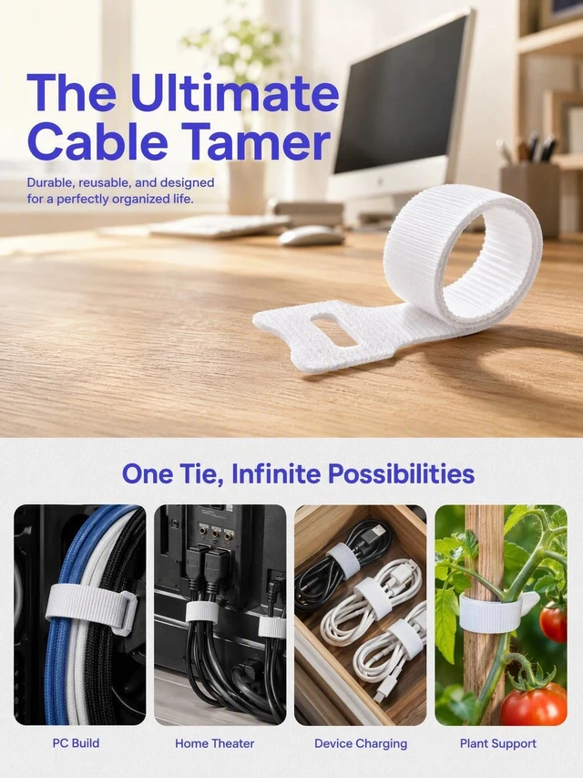 Alt view image 7 of 7 - 200Pcs Reusable Cable Ties 12 Inch, Adjustable Cord Organizer, Garland Ties Hook and Loop Wire Ties for Electronics, Home Office Desk and PC Cable Management - Durable Microfiber Cloth Straps(White)