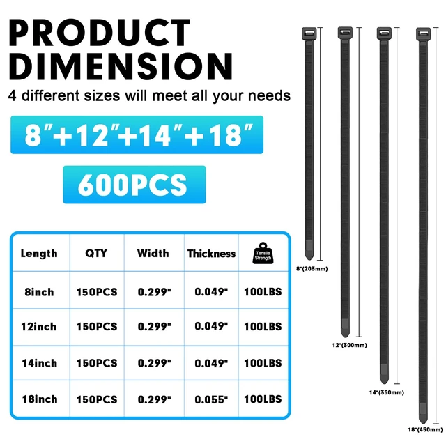 Alt view image 2 of 7 - Zip Ties Assorted Sizes, 600 Pack (8+12+14+18Inch) Black Cable Ties, Self-Locking Plastic Wire Ties with 100lb Tensile Strength, Black Nylon Zip Ties for Indoor and Outdoor
