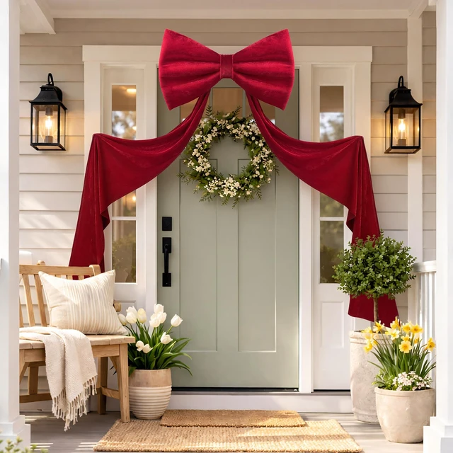 Alt view image 3 of 7 - Large Velvet Bow Party Backdrop Decor, 78.7x23.6 Inch Red 1pcs 3D Sponge-filled, Reusable, Giant Velvet Bow Long Ribbon Streamers for Weddings, Parties, Baby Showers, Christmas Wall