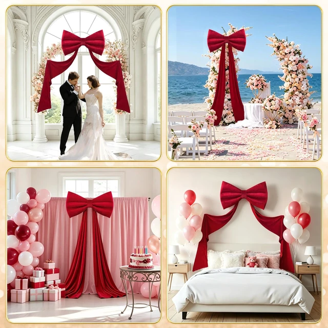 Alt view image 7 of 7 - Large Velvet Bow Party Backdrop Decor, 78.7x23.6 Inch Red 1pcs 3D Sponge-filled, Reusable, Giant Velvet Bow Long Ribbon Streamers for Weddings, Parties, Baby Showers, Christmas Wall