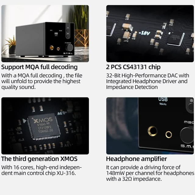 Alt view image 7 of 7 - Upgraded M300SE HiFi Headphone Amplifier, 2PCS of CS43131 MQA Audio DAC, USB/Optical/Coaxial/Bluetooth Input DSD MQA XMOS Balanced XLR Output THD+N 0.00013% with Remote Control