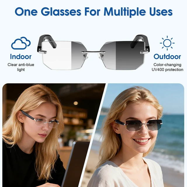 Alt view image 2 of 7 - Bluetooth Audio Smart Glasses, Blue Light Glasses for Women Men, Open Ear Sound Mic & Speakers, Magnetic Charging, Color-Changing Polarized Sunglasses Lenses, Voice Assistant (Change)