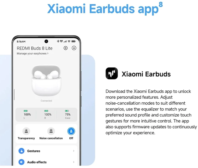 Alt view image 5 of 7 - Redmi Buds 8 Lite True Wireless Earbuds, Bluetooth 5.4, 42dB Hybrid ANC, 8H/36H Battery, 12.4mm Driver, IP54, Dual Device, Fast Charging, 4.5g, iOS Android Compatible, Blue