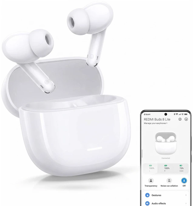 Main image of Redmi Buds 8 Lite True Wireless Earbuds, Bluetooth 5.4, 42dB Hybrid ANC, 8H/36H Battery, 12.4mm Driver, IP54, Dual Device, Fast Charging, 4.5g, iOS Android Compatible, White