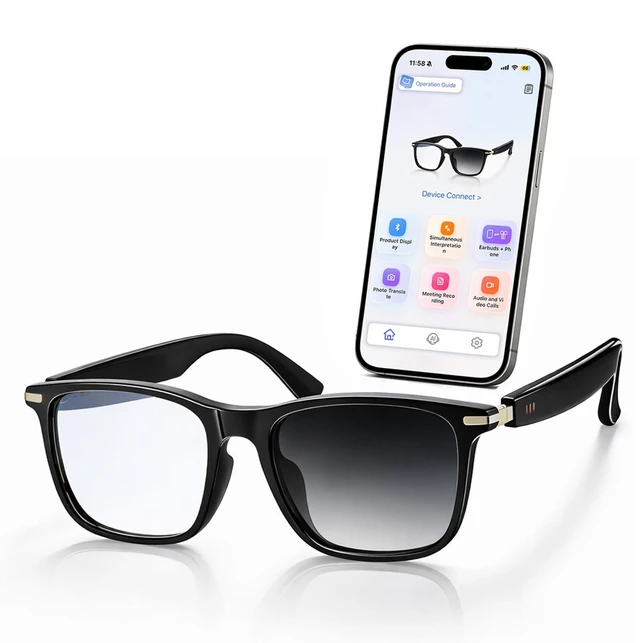Main image of AI Smart Audio Translation Glasses with Real-Time Language Translation 139 Languages via App, Bluetooth Open-Ear Eyewear, AI Assistant, Photochromic Sunglasses, Meeting Recorder for Travel Business