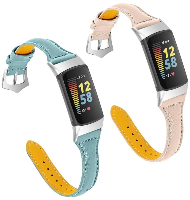 Main image of [2 pack Compatible with Fitbit Charge 6/Charge 5 Bands Leather Narrow Luxury Genuine Leather Replacement Sport Wrist Strap Bracelet Men Women Band Accessories