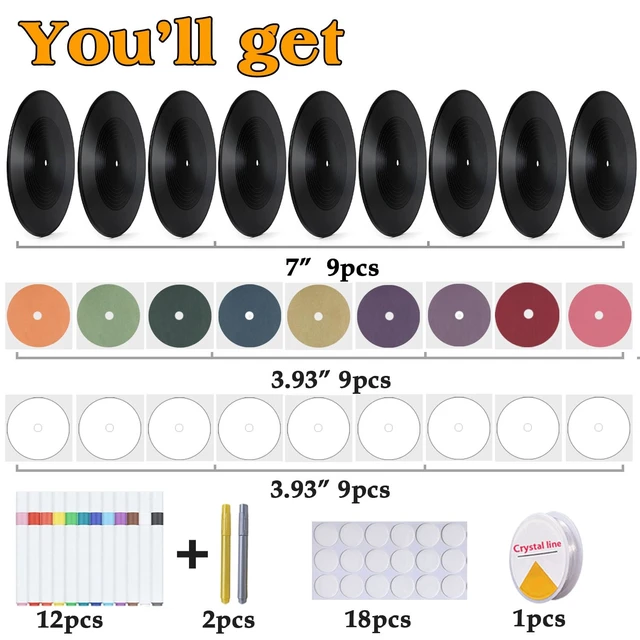 Alt view image 3 of 6 - Double-Sided 7 Inch Personalized Vinyl Records Decor, 9 PCS Records for Wall Aesthetic Kit with 18 White/Retro Labels, 14 Pens, Blank Vinyl Records Art Set for Wedding Birthday Party Decor