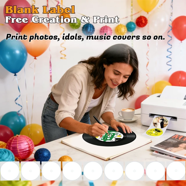 Alt view image 4 of 6 - Double-Sided 7 Inch Personalized Vinyl Records Decor, 9 PCS Records for Wall Aesthetic Kit with 18 White/Retro Labels, 14 Pens, Blank Vinyl Records Art Set for Wedding Birthday Party Decor