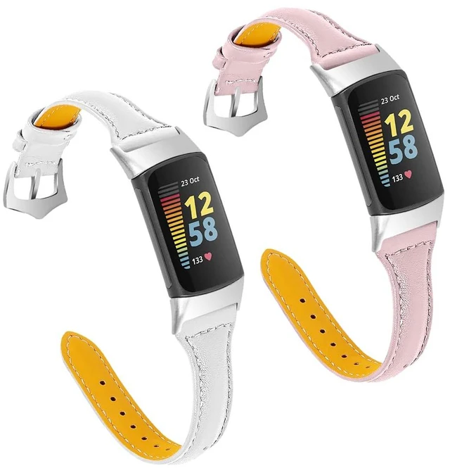 Main image of [2 pack Compatible with Fitbit Charge 6/Charge 5 Bands Leather Narrow Luxury Genuine Leather Replacement Sport Wrist Strap Bracelet Men Women Band Accessories
