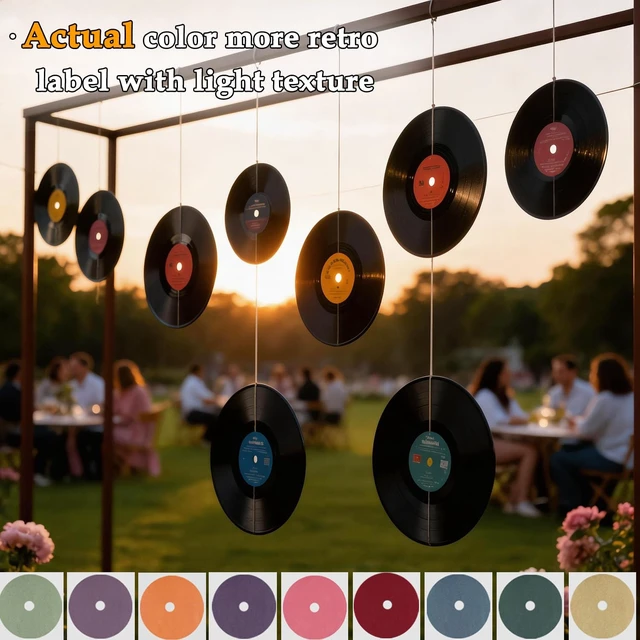 Alt view image 5 of 6 - Double-Sided 7 Inch Personalized Vinyl Records Decor, 9 PCS Records for Wall Aesthetic Kit with 18 White/Retro Labels, 14 Pens, Blank Vinyl Records Art Set for Wedding Birthday Party Decor