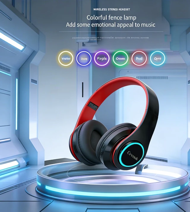 Alt view image 3 of 6 - Premium Wireless Headphones Feature a Light-Emitting Function and can be Worn Above the Ears. They Offer a Playback time of 24 Hours and high-Resolution Audio (RED)