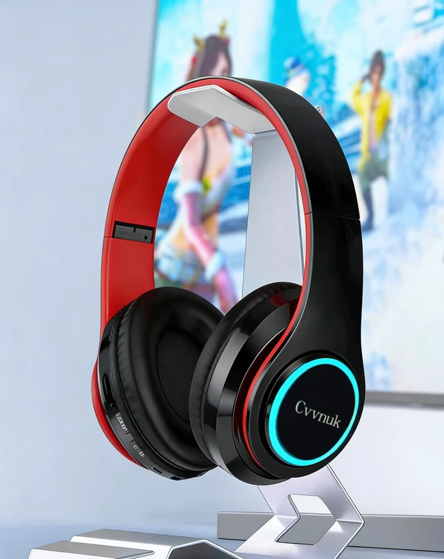 Alt view image 2 of 6 - Premium Wireless Headphones Feature a Light-Emitting Function and can be Worn Above the Ears. They Offer a Playback time of 24 Hours and high-Resolution Audio (RED)