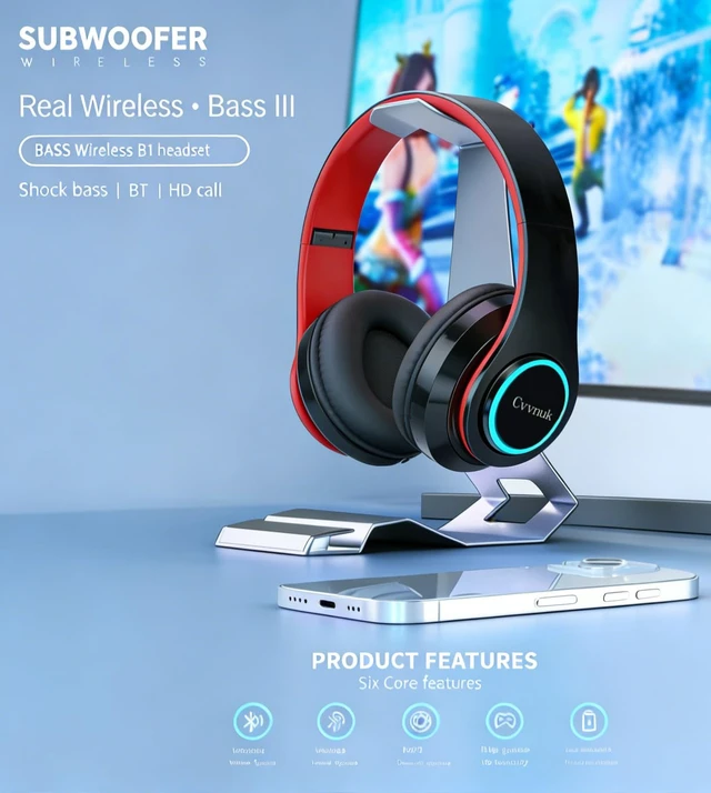 Alt view image 4 of 6 - Premium Wireless Headphones Feature a Light-Emitting Function and can be Worn Above the Ears. They Offer a Playback time of 24 Hours and high-Resolution Audio (RED)