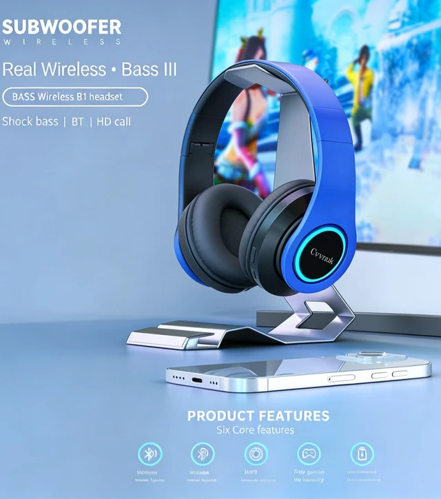 Alt view image 3 of 6 - Premium Wireless Headphones Feature a Light-Emitting Function and can be Worn Above the Ears. They Offer a Playback time of 24 Hours and high-Resolution Audio (Blue)