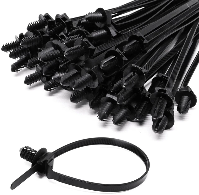Main image of Push Mount Zip Ties 100Pcs, Heavy Duty Black Wire Zips Tie Mounts, 2 in 1 Nylon Self Locking Push Mount Cable Zip Tie for Engine Bay Wires Harness, Indoor Wire Tying (8.3"x0.2")