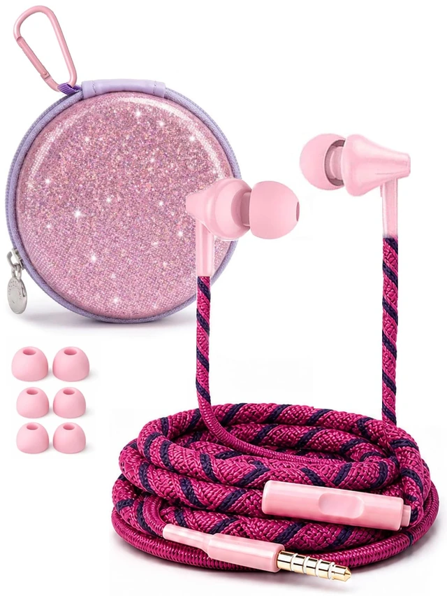 Main image of Teens Wired Earbuds with Braided Cord & Art Case, Modena Wired Student Earbuds with Pink Purple Braided Tangle-free Cord for School, square art case, Eartips & Carabiner