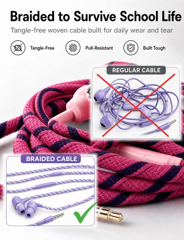 Alt view image 2 of 6 - Teens Wired Earbuds with Braided Cord & Art Case, Modena Wired Student Earbuds with Pink Purple Braided Tangle-free Cord for School, square art case, Eartips & Carabiner