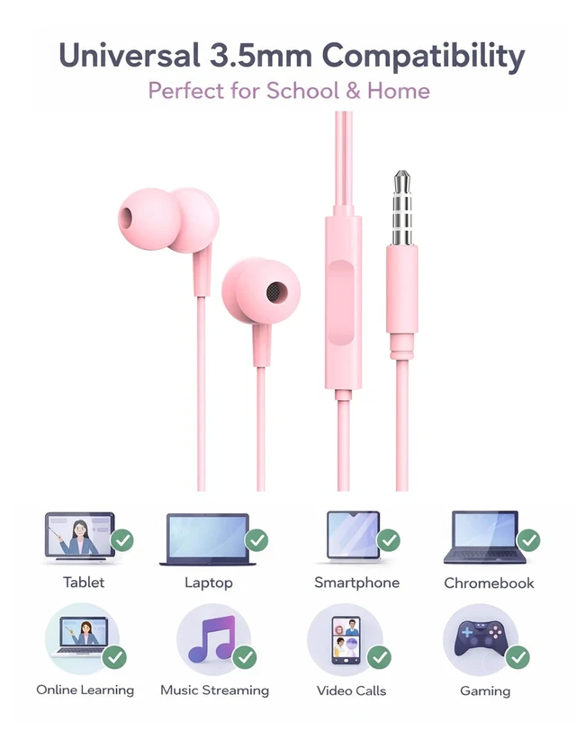 Alt view image 6 of 6 - Teens Wired Earbuds with Braided Cord & Art Case, Modena Wired Student Earbuds with Pink Purple Braided Tangle-free Cord for School, square art case, Eartips & Carabiner