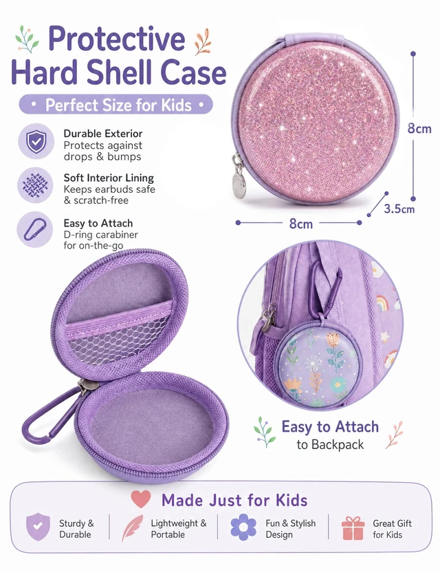 Alt view image 5 of 6 - Teens Wired Earbuds with Braided Cord & Art Case, Modena Wired Student Earbuds with Pink Purple Braided Tangle-free Cord for School, square art case, Eartips & Carabiner