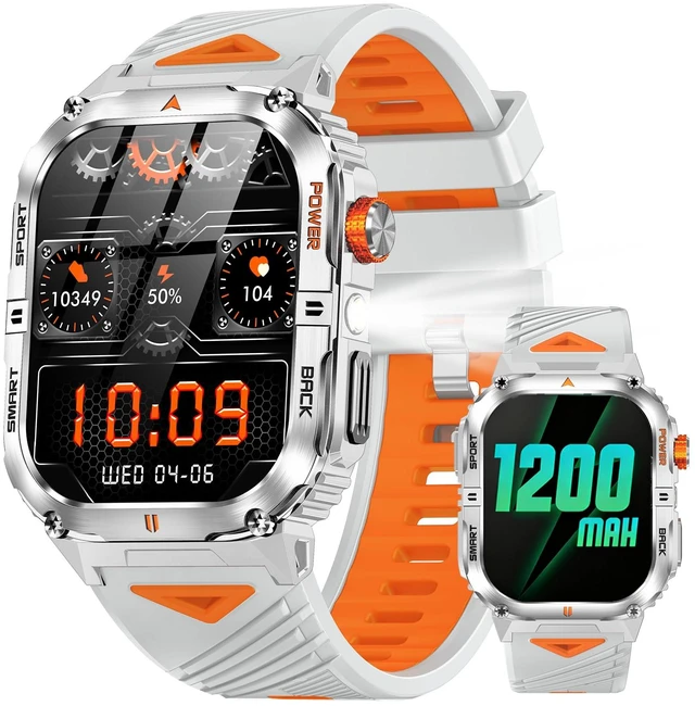 Main image of Military Smart Watch for Men, 2.01" Smartwatch with 1200mAh Battery, Flashlight, Answer/Make Calls, Heart Rate/Sleep Monitor 100+ Sport Modes Fitness Tracker for Android/iPhone (Silver)