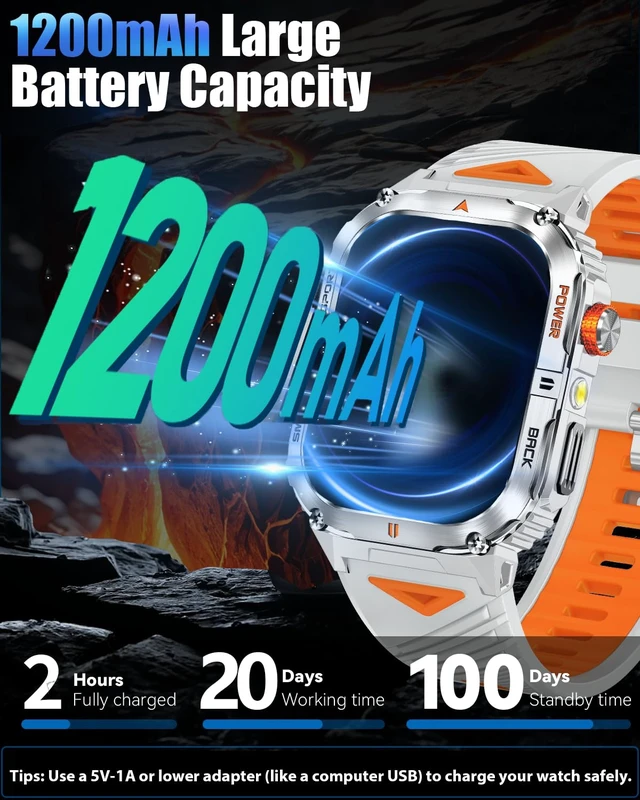 Alt view image 2 of 7 - Military Smart Watch for Men, 2.01" Smartwatch with 1200mAh Battery, Flashlight, Answer/Make Calls, Heart Rate/Sleep Monitor 100+ Sport Modes Fitness Tracker for Android/iPhone (Silver)