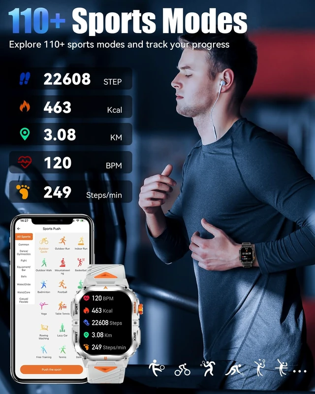 Alt view image 4 of 7 - Military Smart Watch for Men, 2.01" Smartwatch with 1200mAh Battery, Flashlight, Answer/Make Calls, Heart Rate/Sleep Monitor 100+ Sport Modes Fitness Tracker for Android/iPhone (Silver)