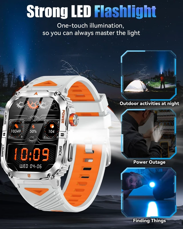 Alt view image 3 of 7 - Military Smart Watch for Men, 2.01" Smartwatch with 1200mAh Battery, Flashlight, Answer/Make Calls, Heart Rate/Sleep Monitor 100+ Sport Modes Fitness Tracker for Android/iPhone (Silver)