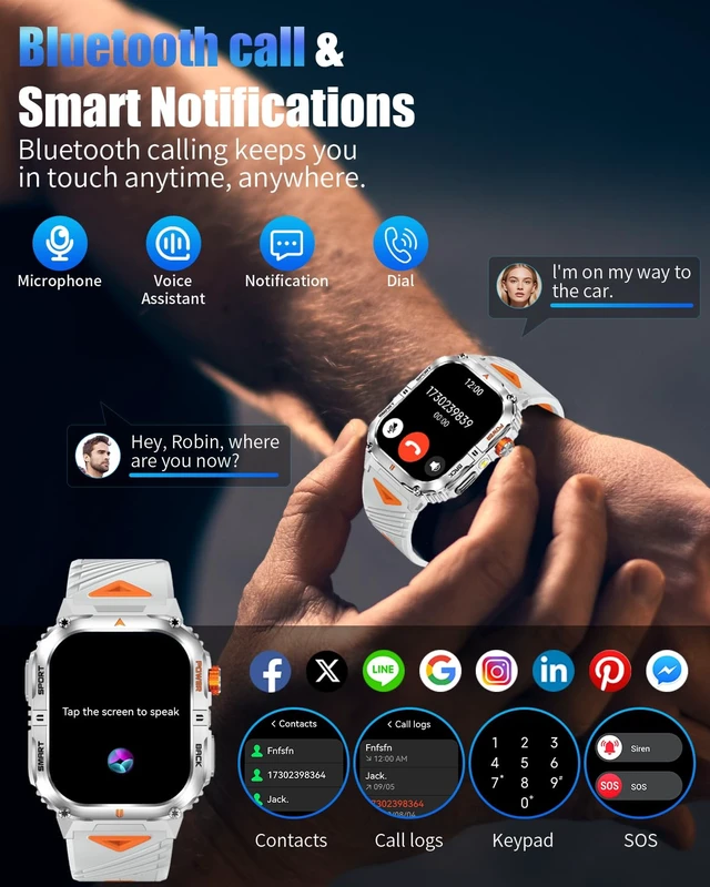 Alt view image 6 of 7 - Military Smart Watch for Men, 2.01" Smartwatch with 1200mAh Battery, Flashlight, Answer/Make Calls, Heart Rate/Sleep Monitor 100+ Sport Modes Fitness Tracker for Android/iPhone (Silver)