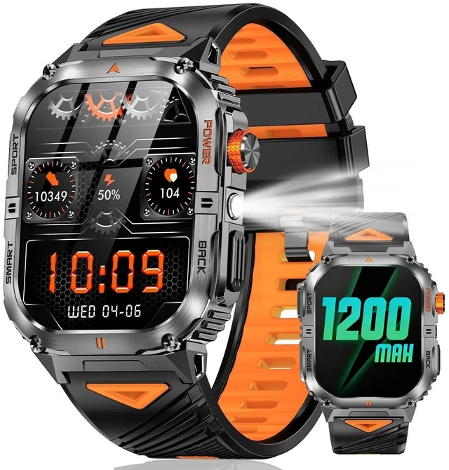 Main image of Military Smart Watch for Men, 2.01" Smartwatch with 1200mAh Battery, Flashlight, Answer/Make Calls, Heart Rate/Sleep Monitor 100+ Sport Modes Fitness Tracker for Android/iPhone (Silver)