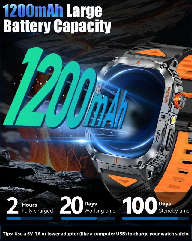 Alt view image 2 of 7 - Military Smart Watch for Men, 2.01" Smartwatch with 1200mAh Battery, Flashlight, Answer/Make Calls, Heart Rate/Sleep Monitor 100+ Sport Modes Fitness Tracker for Android/iPhone (Silver)