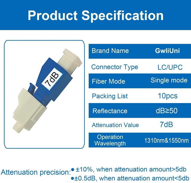 Alt view image 6 of 7 - 10Pcs LC Fiber Optic attenuator, Fiber Signal Attenuation Converter, LC Inserts Connector Single Mode (LC-UPC, 7dB)