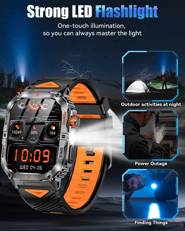 Alt view image 3 of 7 - Military Smart Watch for Men, 2.01" Smartwatch with 1200mAh Battery, Flashlight, Answer/Make Calls, Heart Rate/Sleep Monitor 100+ Sport Modes Fitness Tracker for Android/iPhone (Silver)