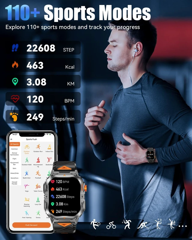 Alt view image 4 of 7 - Military Smart Watch for Men, 2.01" Smartwatch with 1200mAh Battery, Flashlight, Answer/Make Calls, Heart Rate/Sleep Monitor 100+ Sport Modes Fitness Tracker for Android/iPhone (Silver)