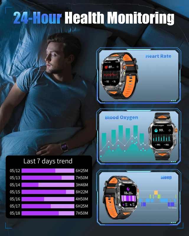 Alt view image 5 of 7 - Military Smart Watch for Men, 2.01" Smartwatch with 1200mAh Battery, Flashlight, Answer/Make Calls, Heart Rate/Sleep Monitor 100+ Sport Modes Fitness Tracker for Android/iPhone (Silver)
