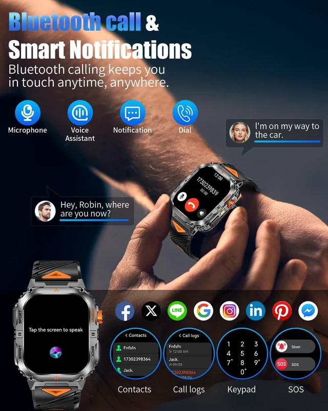Alt view image 6 of 7 - Military Smart Watch for Men, 2.01" Smartwatch with 1200mAh Battery, Flashlight, Answer/Make Calls, Heart Rate/Sleep Monitor 100+ Sport Modes Fitness Tracker for Android/iPhone (Silver)