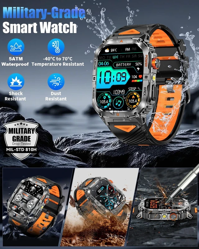 Alt view image 7 of 7 - Military Smart Watch for Men, 2.01" Smartwatch with 1200mAh Battery, Flashlight, Answer/Make Calls, Heart Rate/Sleep Monitor 100+ Sport Modes Fitness Tracker for Android/iPhone (Silver)
