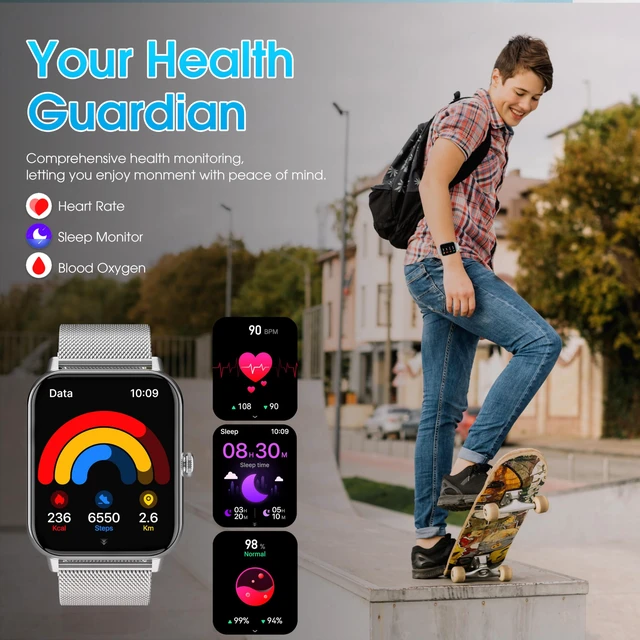 Alt view image 2 of 7 - Smart Watch for Men Women 1.85" HD 120+ Sports Modes for Android iPhone Fitness Tracker Smartwatch for Android iPhone with Steps Tracking/Heart Rate/Sleep Monitor, IP68 Waterproof, Silver/3 Bands