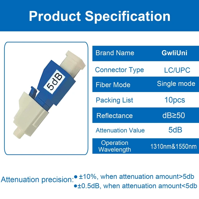 Alt view image 6 of 7 - 10Pcs LC Fiber Optic attenuator, Fiber Signal Attenuation Converter, LC Inserts Connector Single Mode (LC-UPC, 5dB)