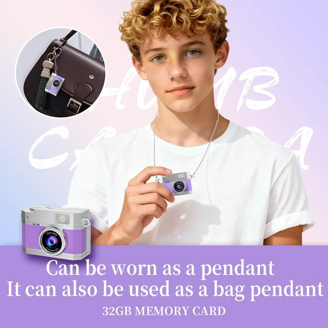 Alt view image 2 of 7 - Mini Thumb Digital Camera Keychain Portable HD Mini Flip Screen Digital Camera with 32GB Card,Keychain Camera for Bag Charm Travel Selfi for Birthday
