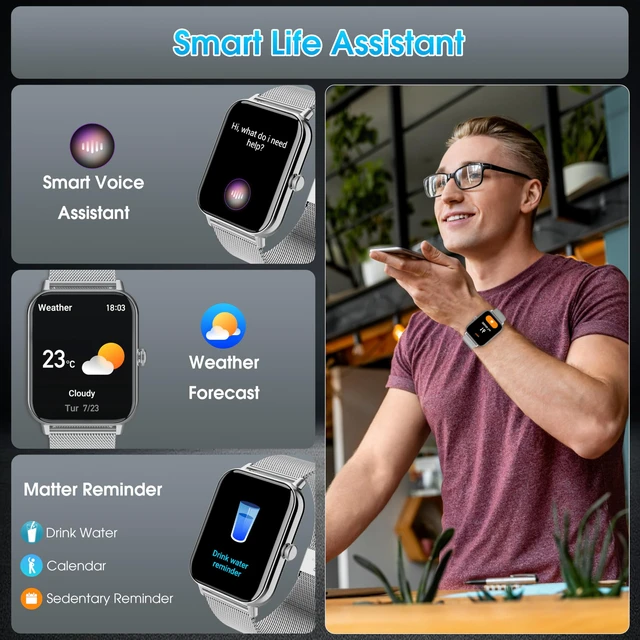 Alt view image 7 of 7 - Smart Watch for Men Women 1.85" HD 120+ Sports Modes for Android iPhone Fitness Tracker Smartwatch for Android iPhone with Steps Tracking/Heart Rate/Sleep Monitor, IP68 Waterproof, Silver/3 Bands
